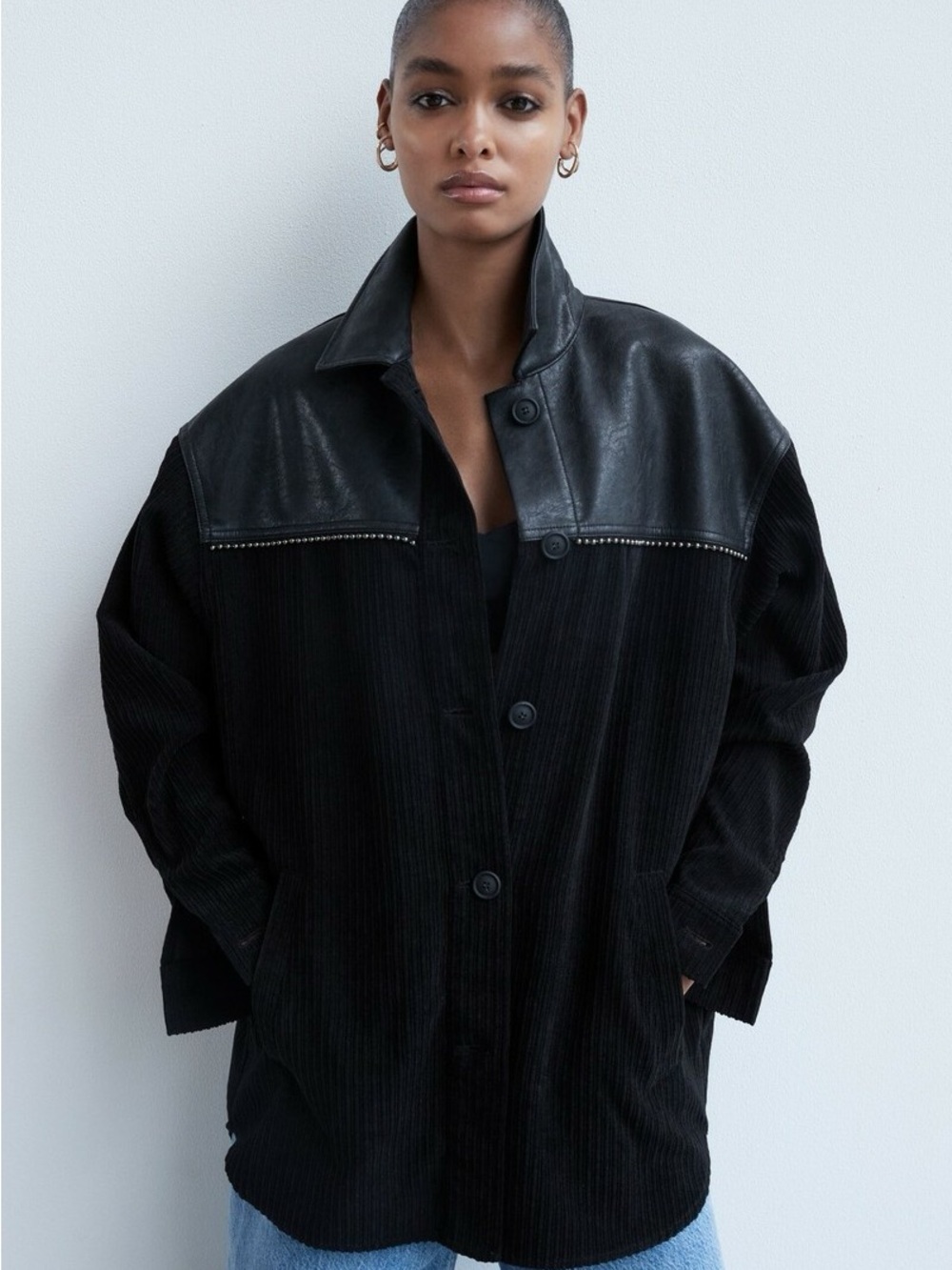 Zara Beaded Corduroy & Leather-Trim Oversized Shirt Jacket